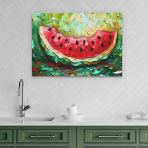 a painting of a watermelon on a wall above a kitchen sink