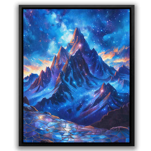 a painting of a mountain with stars in the sky