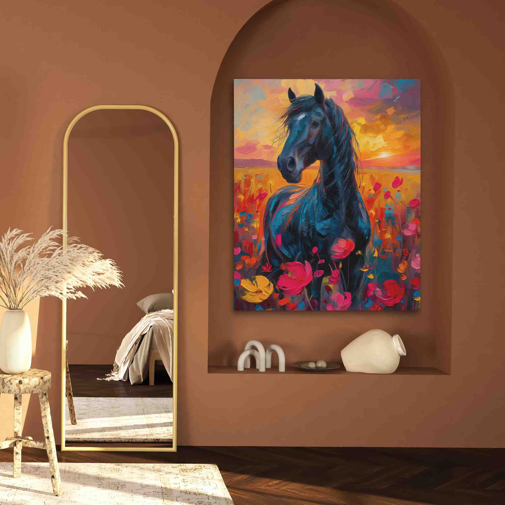 a painting of a horse in a field of flowers