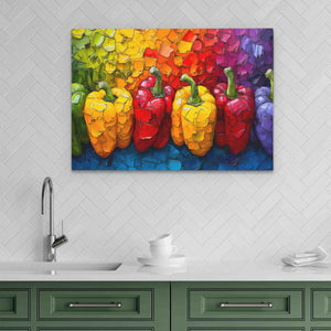 a painting of peppers on a kitchen wall
