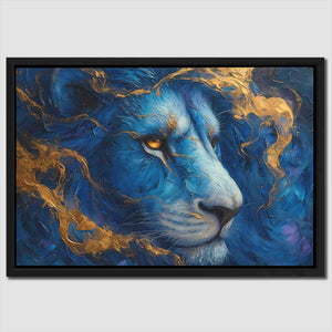 a painting of a blue lion with yellow eyes