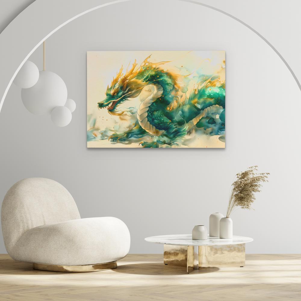 a painting of a green and yellow dragon