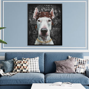 a dog wearing a bandana on a blue couch