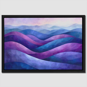 a painting of blue and purple waves on a white wall
