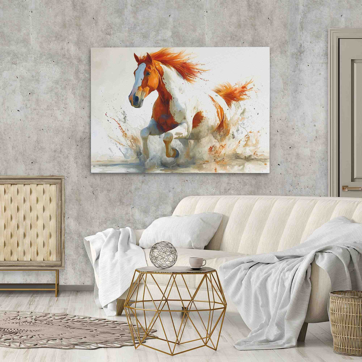 a painting of a running horse in a living room