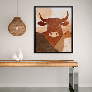 a picture of a cow on a wall above a table