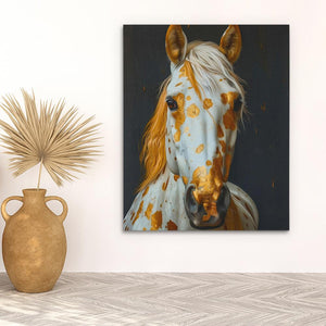 a painting of a white horse with orange spots on it's face