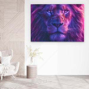 a living room with a white chair and a painting of a lion