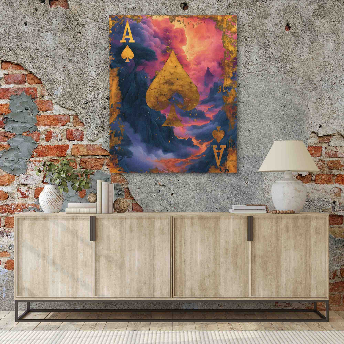 a painting hanging on a wall next to a sideboard