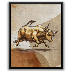 a painting of a bull running across a field