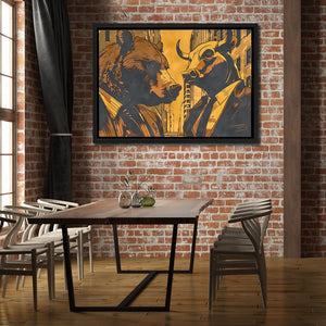 a dining room with a brick wall and a painting on the wall