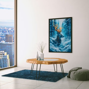 a living room with a table and a painting on the wall