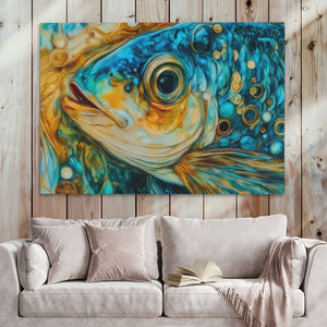 a painting of a fish on a wooden wall