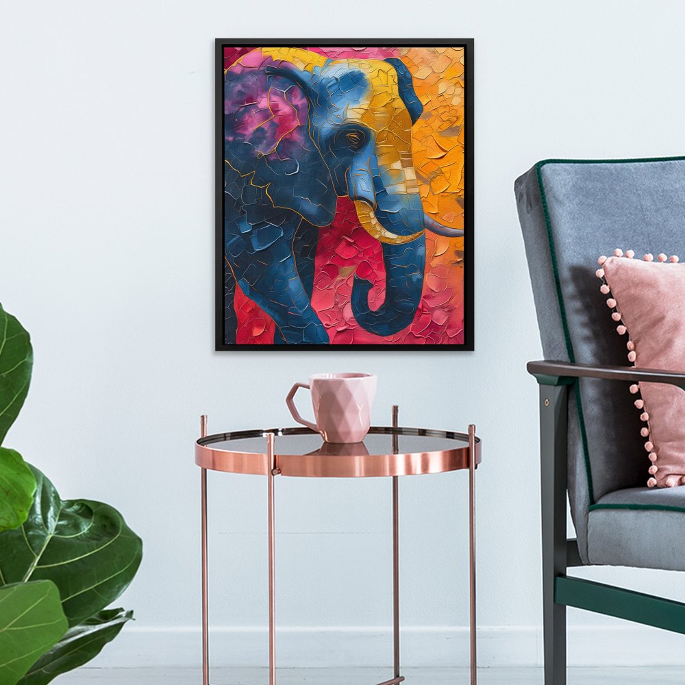 a painting of an elephant on a colorful background