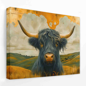 a painting of a bull with long horns