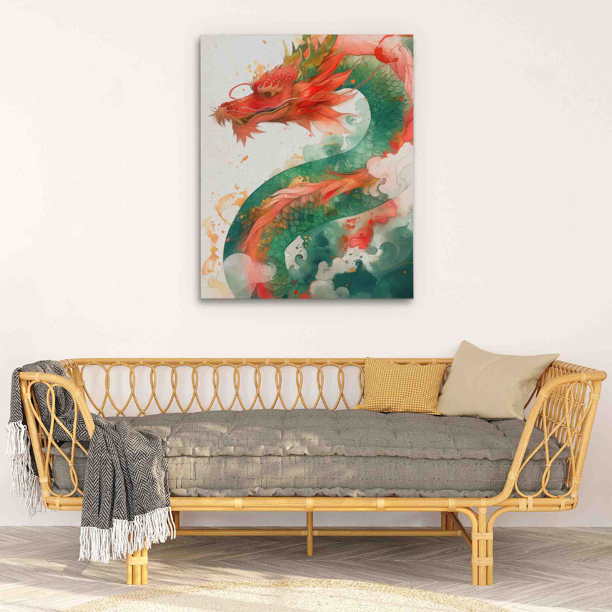a painting of a red and green dragon on a white background