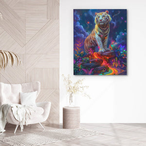 a painting of a tiger sitting on top of a table