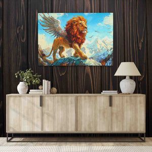 a painting of a lion on a wooden wall
