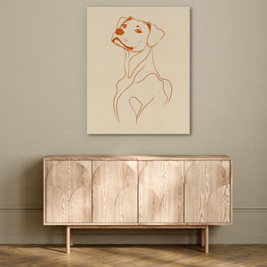 a picture of a dog on a wall above a wooden cabinet