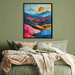 a bed with a green comforter and a painting on the wall