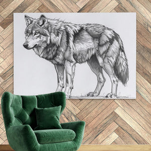 a drawing of a wolf on a wall next to a green chair