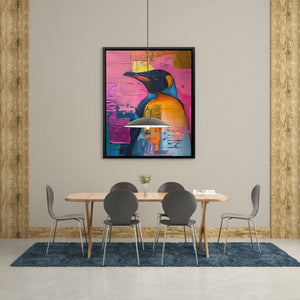 a dining room with a table and chairs and a painting on the wall