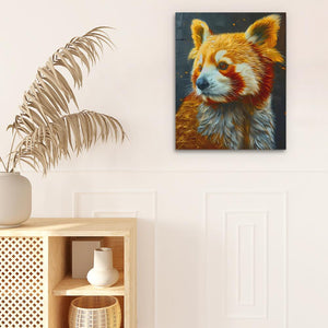 a painting of a red panda on a white wall