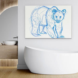 a drawing of a bear on a wall above a bathtub