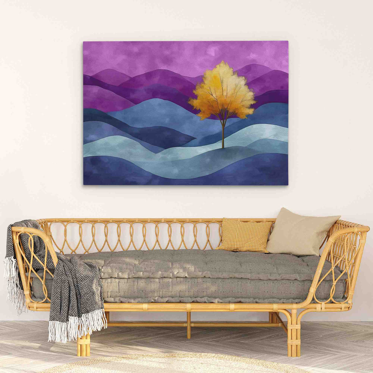 a living room with a couch and a painting on the wall
