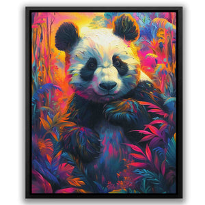 a painting of a panda bear in a colorful forest