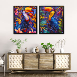 two paintings of toucans on a wall above a dresser