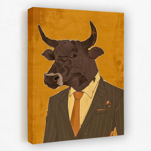 a painting of a bull wearing a suit and tie