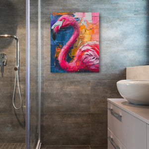 a painting of a pink flamingo in a bathroom