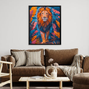 a living room with a brown couch and a painting of a lion on the wall