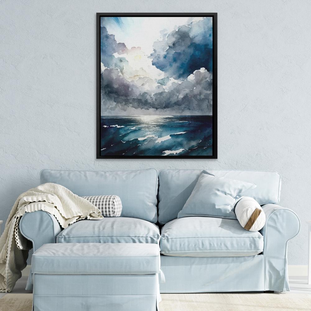 a painting of a cloudy sky over the ocean