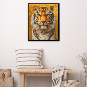 a picture of a tiger on a wall above a bench