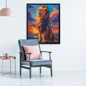 a painting of a lion sitting in a chair