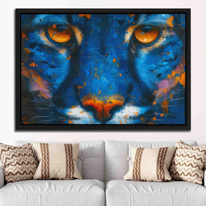 a painting of a blue tiger's face with orange eyes