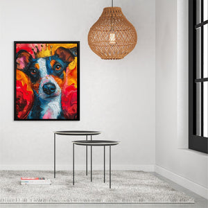 a painting of a dog on a white wall