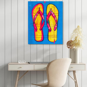 a painting of a pair of flip flops on a desk