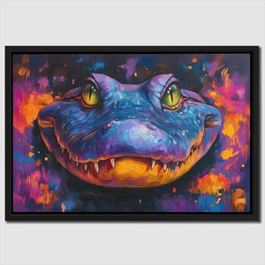 a painting of a blue dragon with yellow eyes