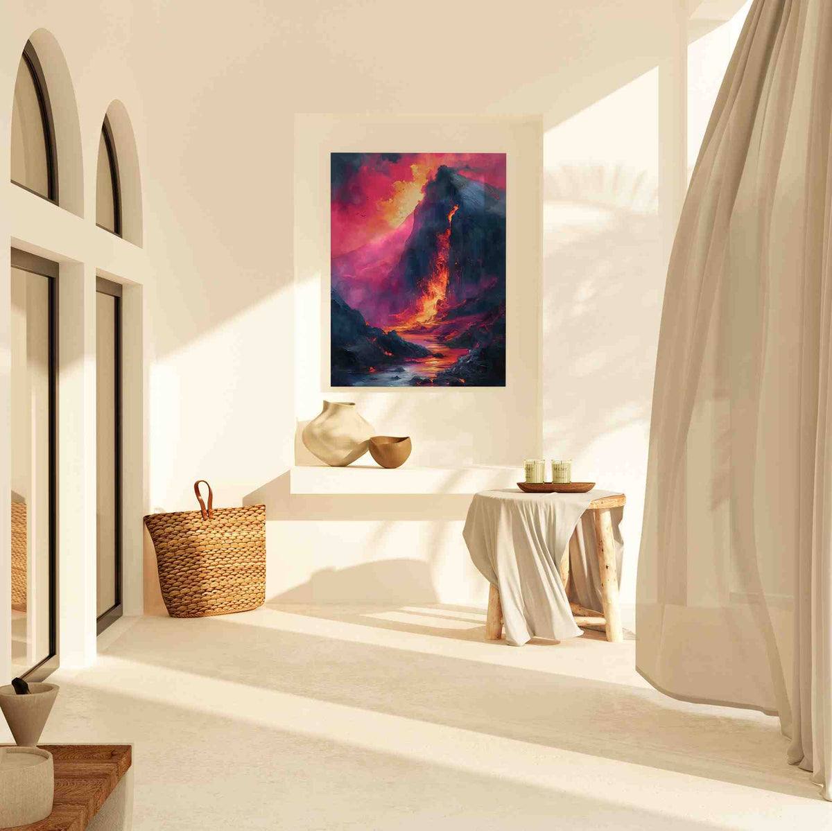 a painting hanging on a wall in a room