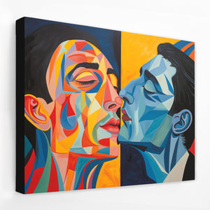 a painting of two men kissing each other