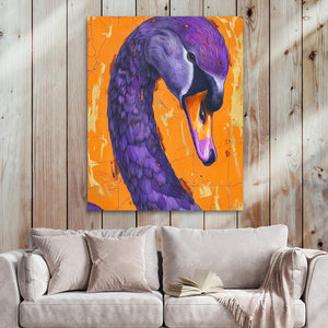 a painting of a purple swan on an orange background