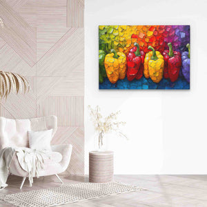 a living room with a painting of peppers on the wall