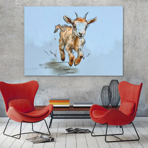 a painting of a baby goat running in a living room