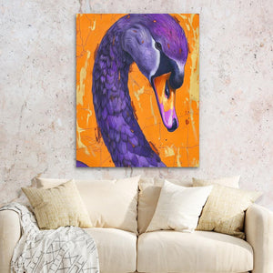 a painting of a purple flamingo on an orange background