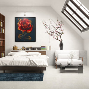 a bedroom with a bed, a couch and a book shelf