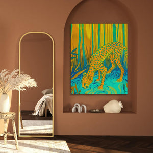 a painting of a leopard in a room with a mirror