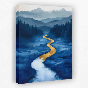 a painting of a road going through a forest